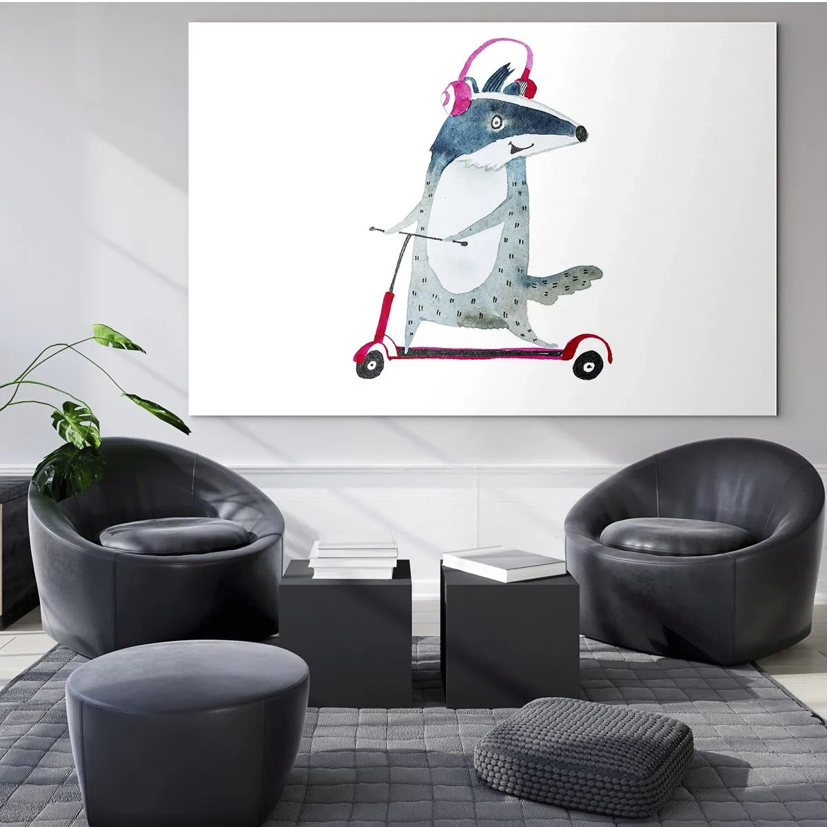Glasbild - Bild auf glas - Dachs mit Kopfhörern auf einem Aquarell-Roller - 70x50cm - Dachsfreude - Moderne Wanddekoration für Wohnzimmer und Schlafzimmer ARTTOR