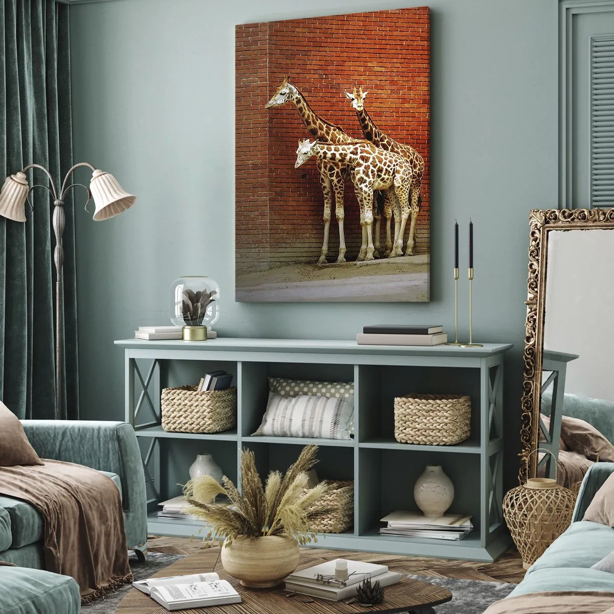 Bild auf Leinwand - Leinwandbild - Vier Giraffen vor einer Ziegelwand in künstlerischer Umgebung - 50x70cm - Sehen Sie Akazien? - Moderne Wanddekoration für Wohnzimmer und Schlafzimmer ARTTOR