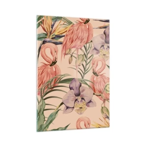 Glasbild - Bild auf glas - Flamingos umgeben von tropischen Blumen und Pflanzen - 50x70cm - Rosa Ballett in Blumen - Moderne Wanddekoration für Wohnzimmer und Schlafzimmer ARTTOR