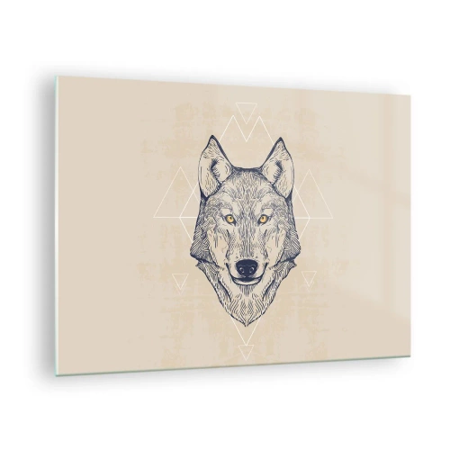 Glasbild - Bild auf glas - Wolfskopf vor einem Hintergrund aus geometrischen Mustern - 70x50cm - Ein Alpha mit durchdringendem Blick - Moderne Wanddekoration für Wohnzimmer und Schlafzimmer ARTTOR