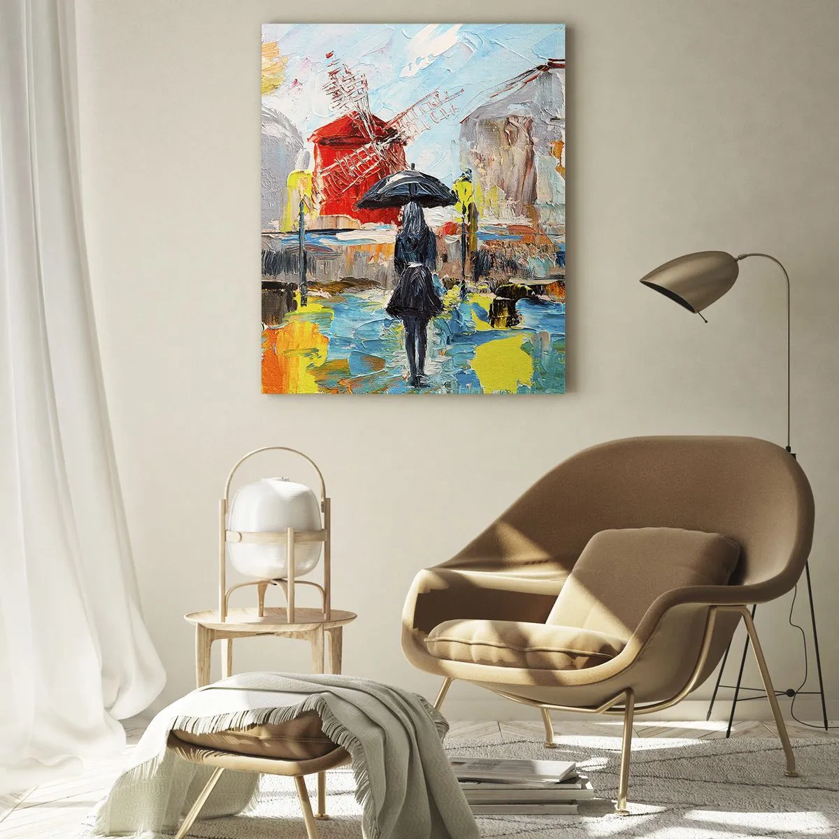 Glasbild - Bild auf glas - Eine malerische Szene mit einem Regenschirm vor der Kulisse von Paris in leuchtenden Farben. - 70x100cm - Pariser Legenden - Moderne Wanddekoration für Wohnzimmer und Schlafzimmer ARTTOR