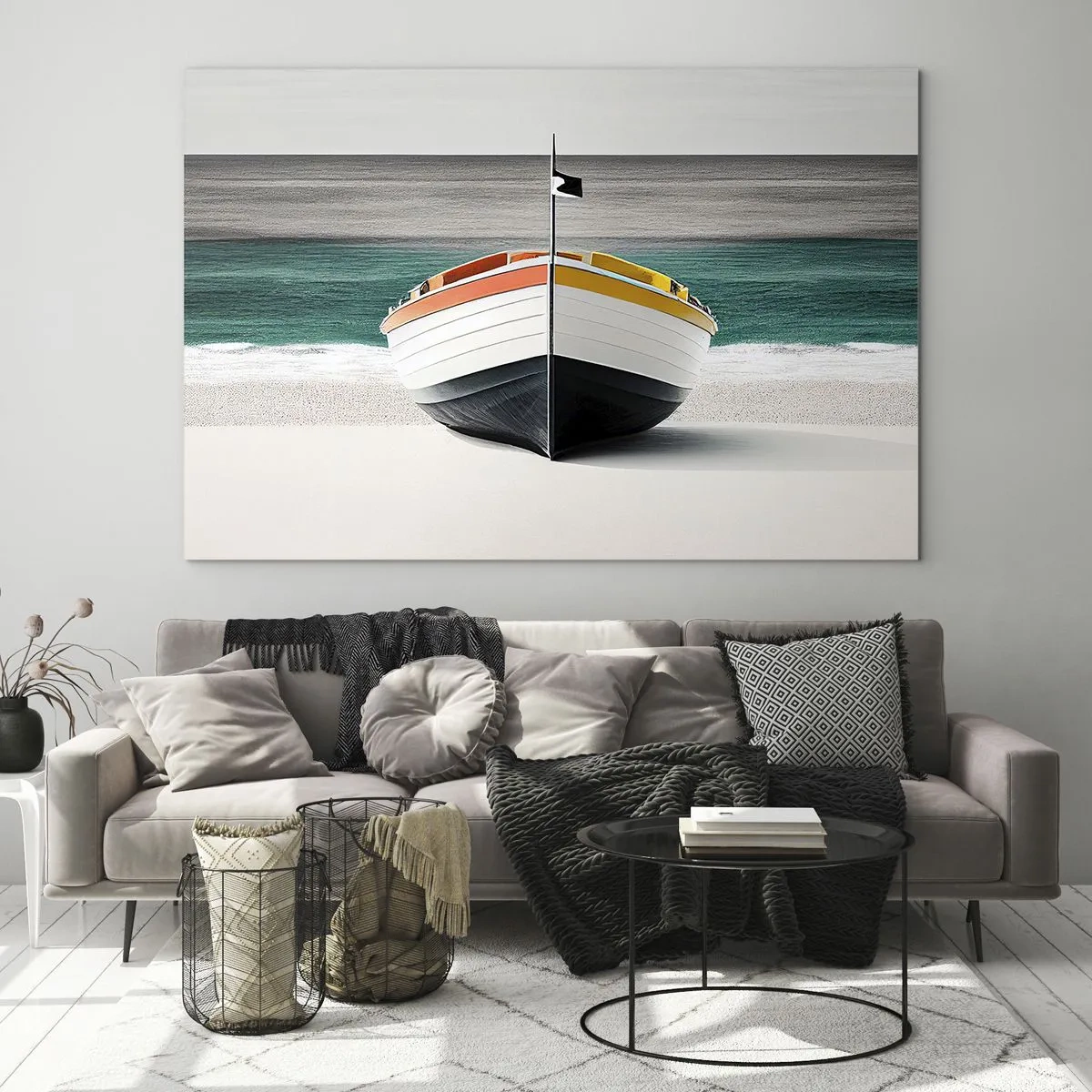 Glasbild - Bild auf glas - Ein buntes Boot am Strand mit türkisfarbenem Meer im Hintergrund - 70x50cm - An seinem Platz - Moderne Wanddekoration für Wohnzimmer und Schlafzimmer ARTTOR