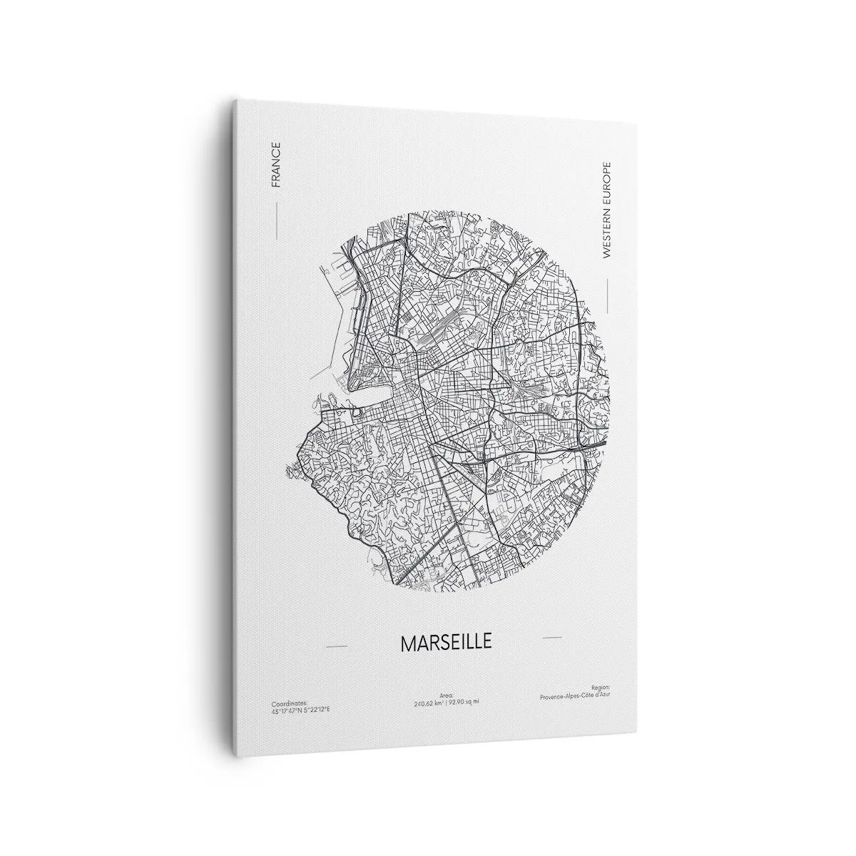 Bild auf Leinwand - Leinwandbild - Karte von Marseille im minimalistischen Stil - 70x100cm - Anatomie von Marseille - Moderne Wanddekoration für Wohnzimmer und Schlafzimmer ARTTOR