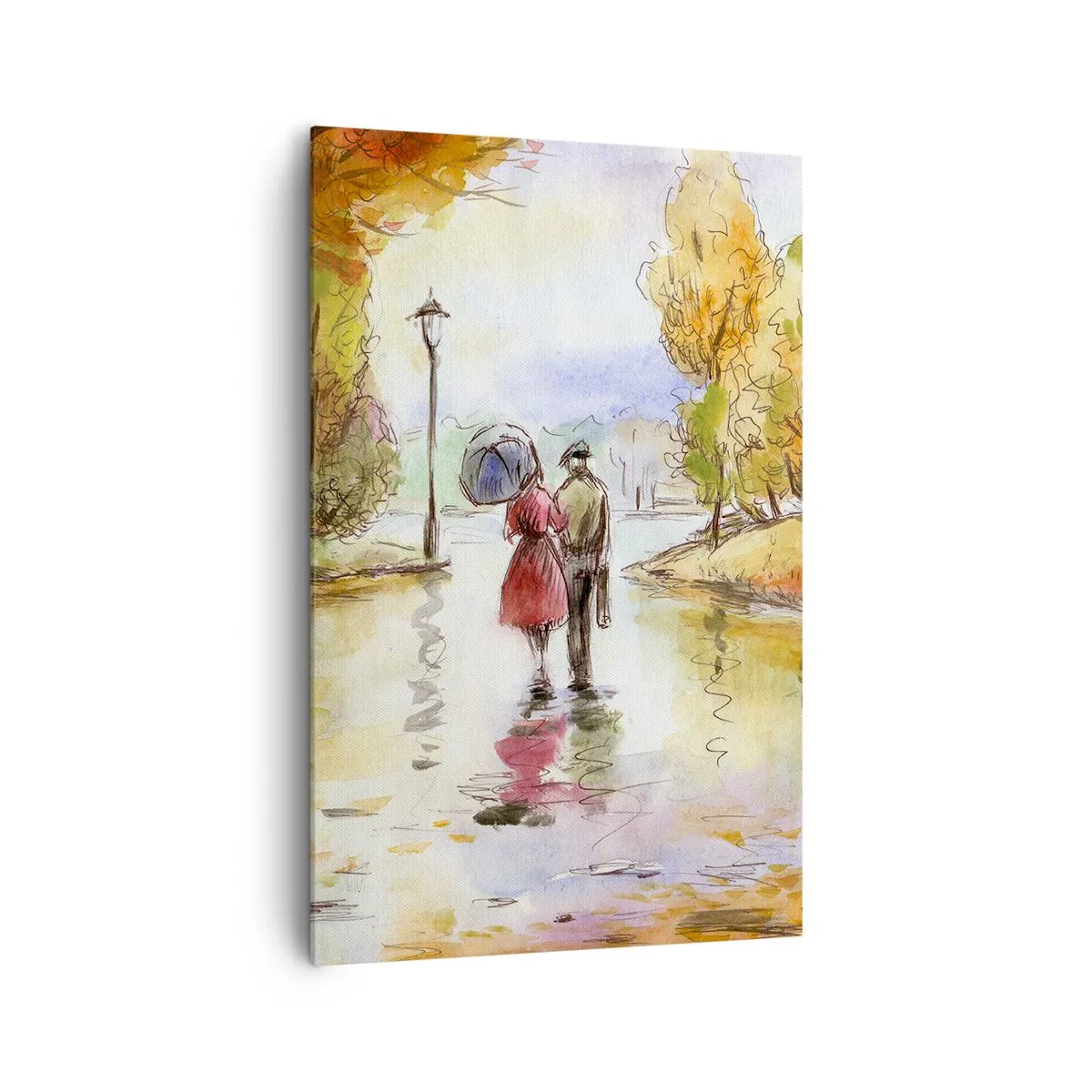 Bild auf Leinwand - Leinwandbild - Ein Spaziergang im Herbstpark mit einem Regenschirm - 80x120cm - Romantischer Herbst im Park - Moderne Wanddekoration für Wohnzimmer und Schlafzimmer ARTTOR
