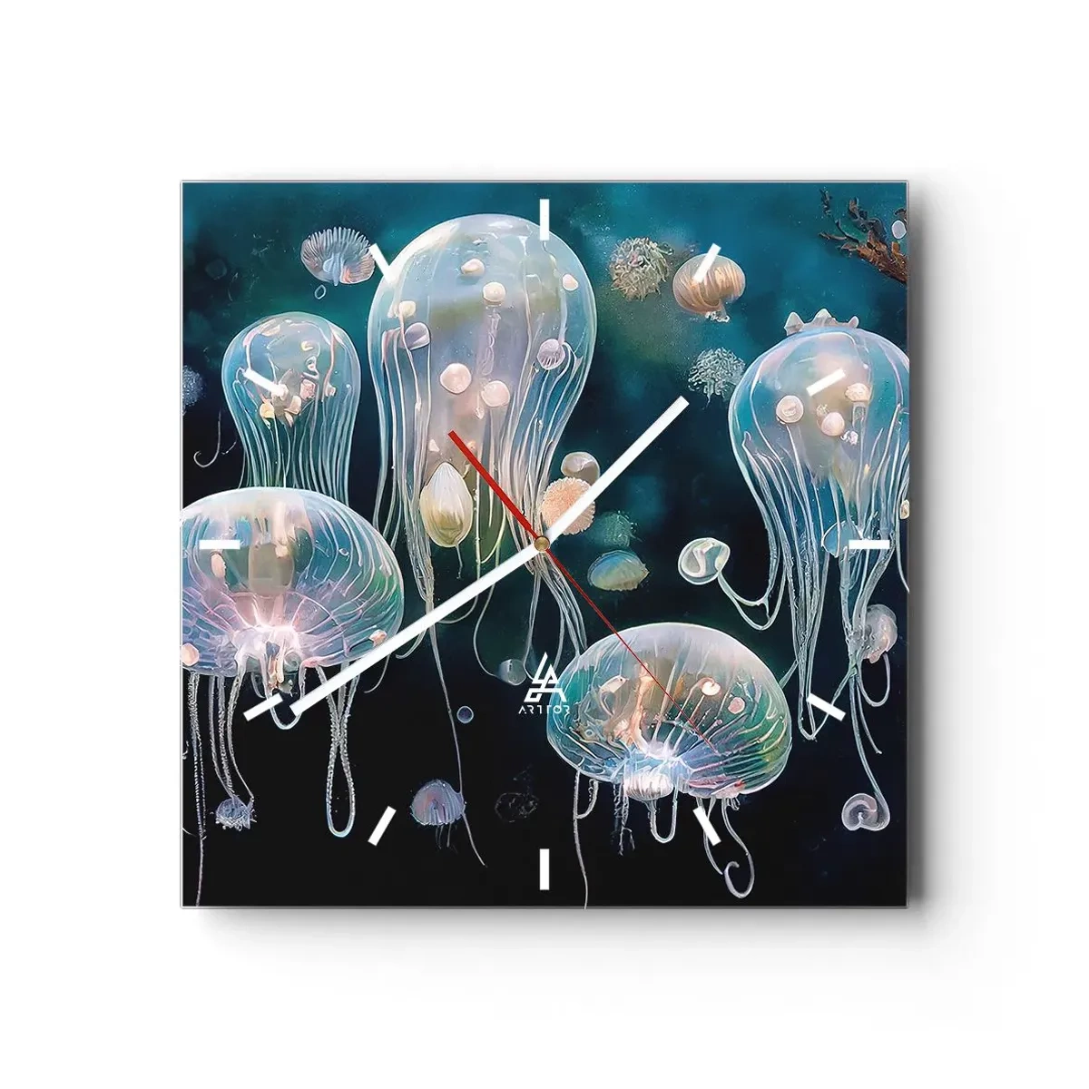 Wanduhr - Glasuhr - Zarte Quallen in der Unterwasserwelt - 30x30cm - Unterwasserball - Moderne Wanddekoration für Wohnzimmer und Schlafzimmer ARTTOR