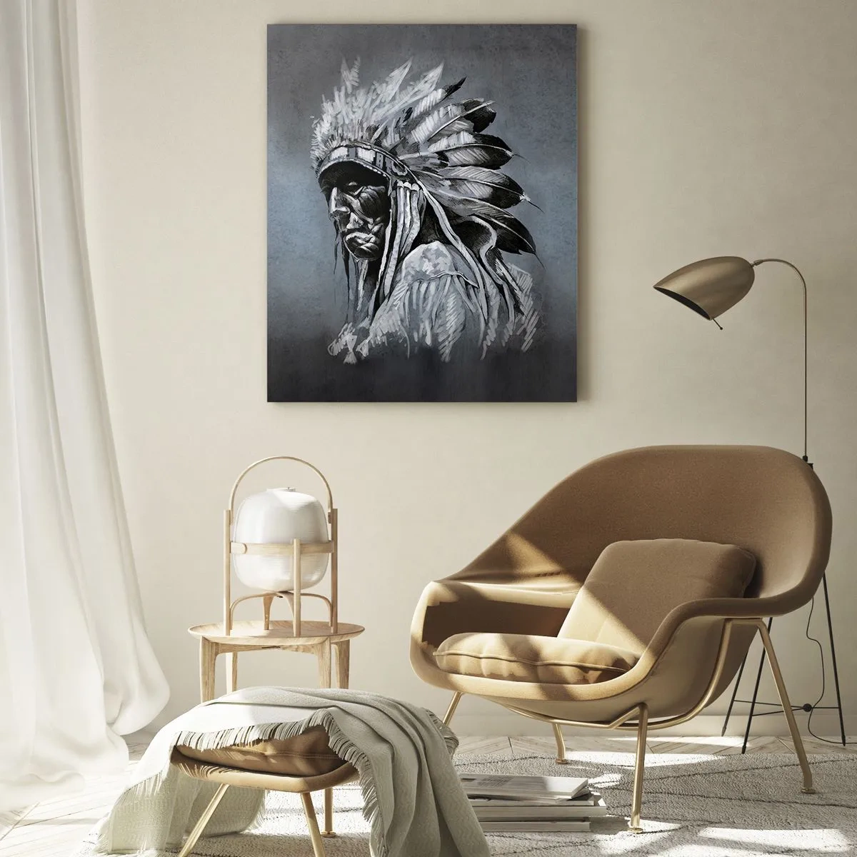 Glasbild - Bild auf glas - Porträt eines Indianerhäuptlings mit traditioneller Kopfbedeckung - 80x120cm - Zurück zu den Wurzeln - Moderne Wanddekoration für Wohnzimmer und Schlafzimmer ARTTOR