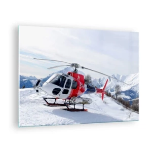 Glasbild - Bild auf glas - Ein roter Hubschrauber in einer winterlichen Berglandschaft - 70x50cm - Immer bereit - Moderne Wanddekoration für Wohnzimmer und Schlafzimmer ARTTOR