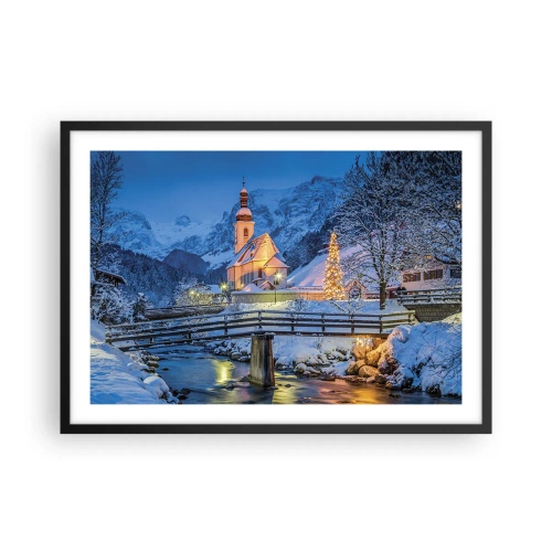 Poster in einem schwarzem Rahmen - Winterlandschaft mit Kirche, Brücke und Bergen in der Abenddämmerung - 70x50cm - Weihnachtsgeist - Moderne Wanddekoration für Wohnzimmer und Schlafzimmer ARTTOR