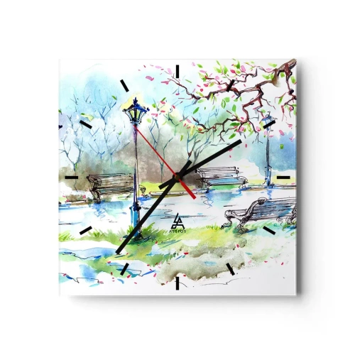 Wanduhr - Glasuhr - Aquarell-Parkszene mit Bänken und Lampen - 30x30cm - Der Zauber der Stille des Parks - Moderne Wanddekoration für Wohnzimmer und Schlafzimmer ARTTOR