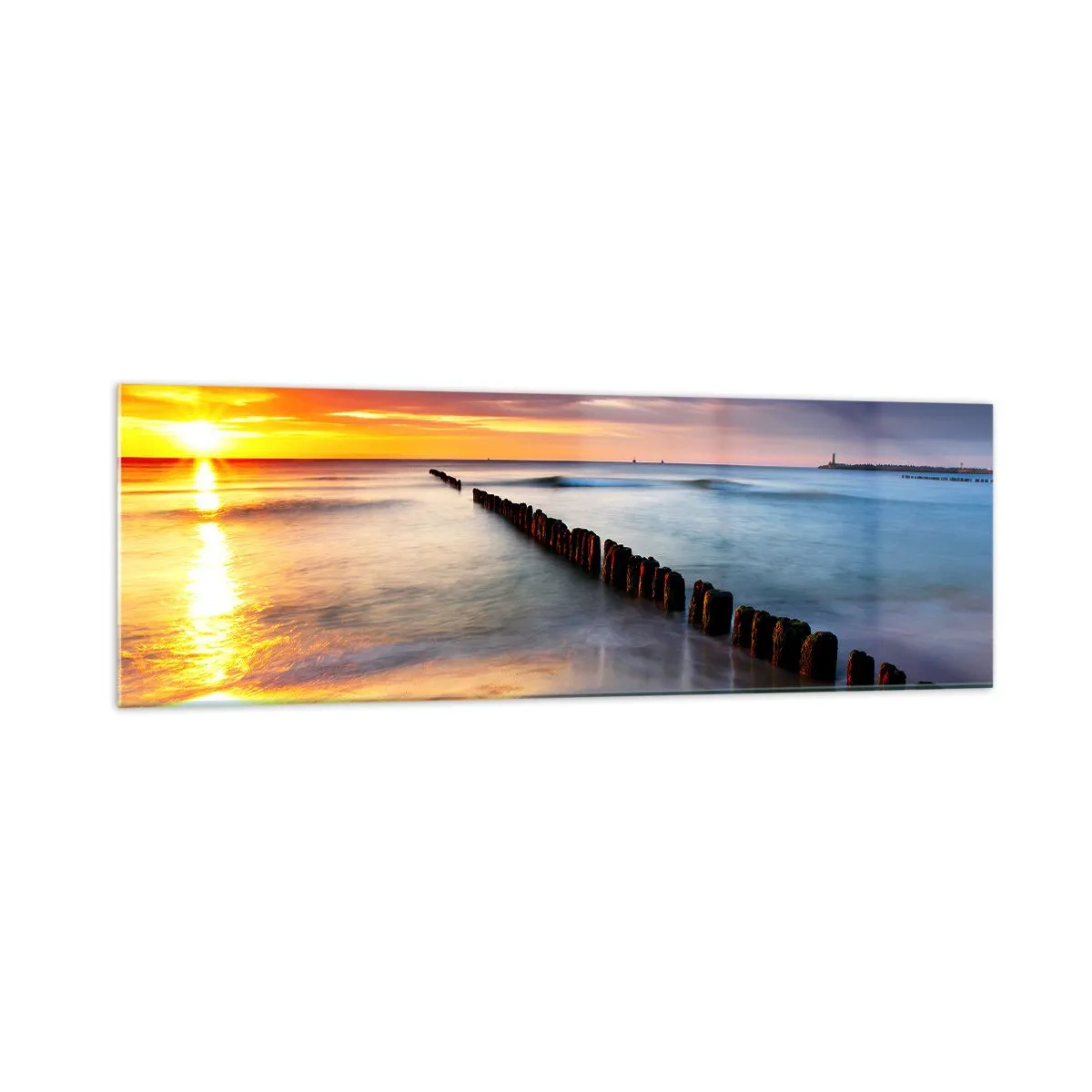 Glasbild - Bild auf glas - Sonnenuntergang über dem Meer mit einem Wellenbrecher im Vordergrund - 160x50cm - Lausche der Stille - Moderne Wanddekoration für Wohnzimmer und Schlafzimmer ARTTOR