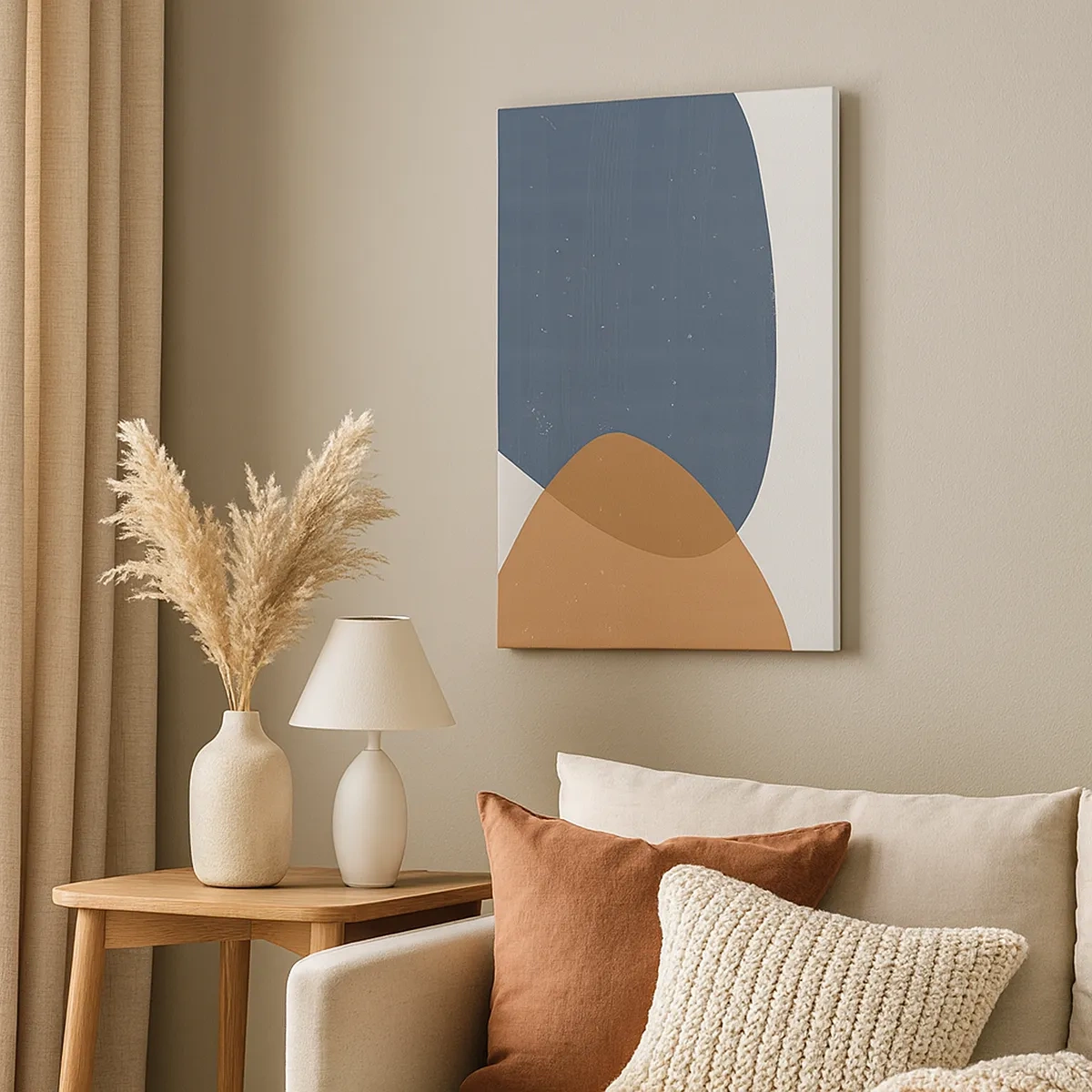 Bild auf Leinwand - Leinwandbild - Eine minimalistische geometrische Komposition in Blau- und Orangetönen. - 50x70cm - Ovale und Einflüsse - Moderne Wanddekoration für Wohnzimmer und Schlafzimmer ARTTOR