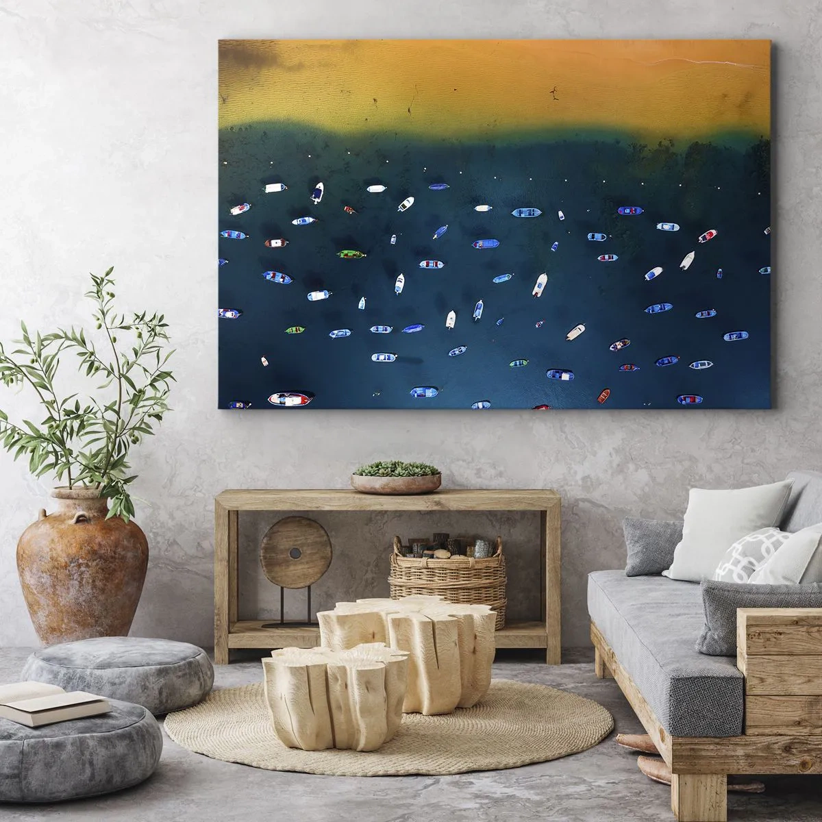 Bild auf Leinwand - Leinwandbild - Luftaufnahme von Booten auf dem Wasser und einem Sandstrand - 100x70cm - Feiertagsspiel - Moderne Wanddekoration für Wohnzimmer und Schlafzimmer ARTTOR