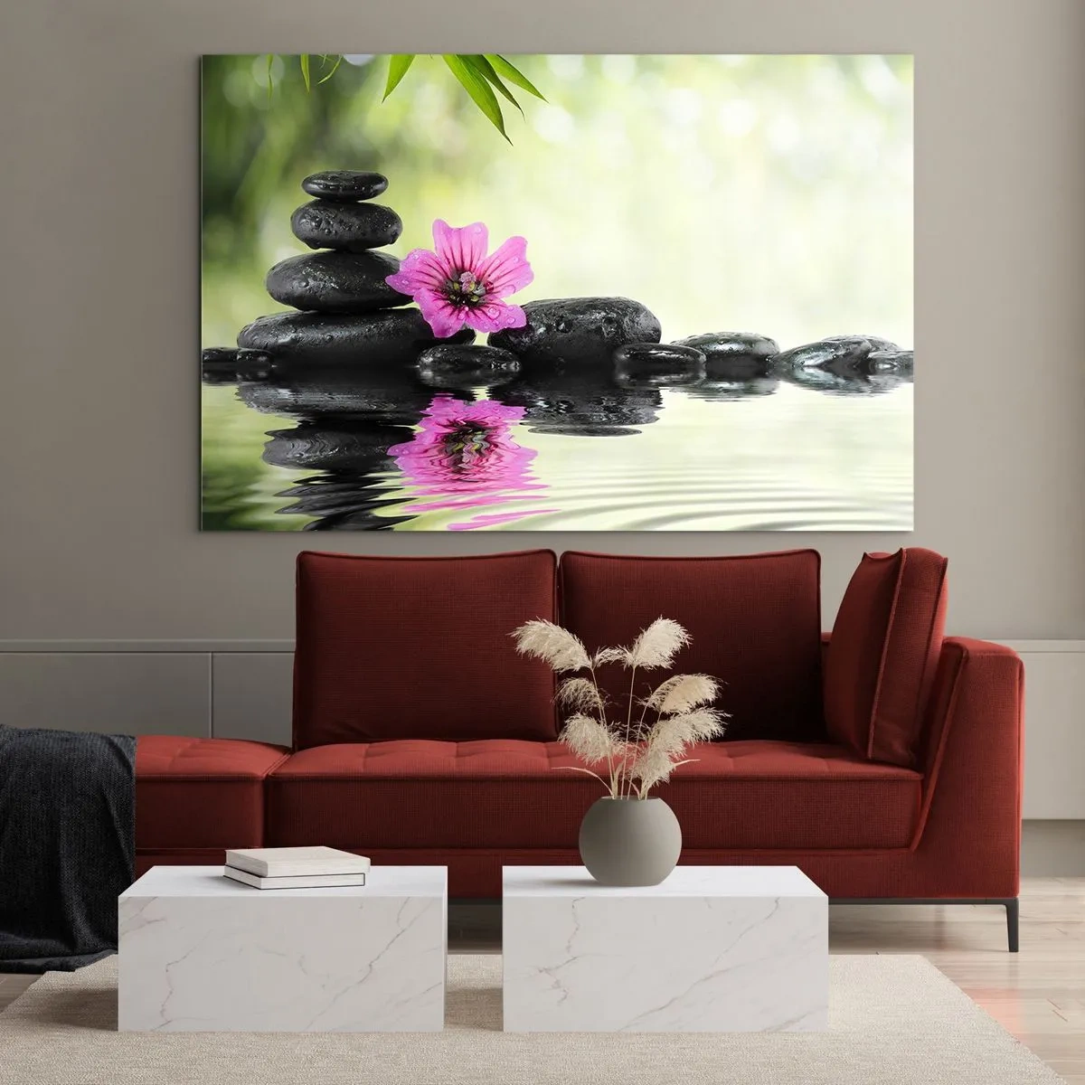 Glasbild - Bild auf glas - Schwarze Steine und eine rosa Blume vor dem Hintergrund der Natur - 120x80cm - Zeit für die Seele - Moderne Wanddekoration für Wohnzimmer und Schlafzimmer ARTTOR