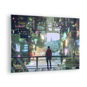 Glasbild - Bild auf glas - Eine Figur vor dem Hintergrund einer futuristischen Stadt mit Blick auf die Altstadt - 70x50cm - Zwei Welten - Moderne Wanddekoration für Wohnzimmer und Schlafzimmer ARTTOR