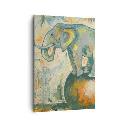 Bild auf Leinwand - Leinwandbild - Ein Elefant, der auf einem Ball balanciert, in einem künstlerischen Stil - 50x70cm - Es lebe der Zirkus! - Moderne Wanddekoration für Wohnzimmer und Schlafzimmer ARTTOR