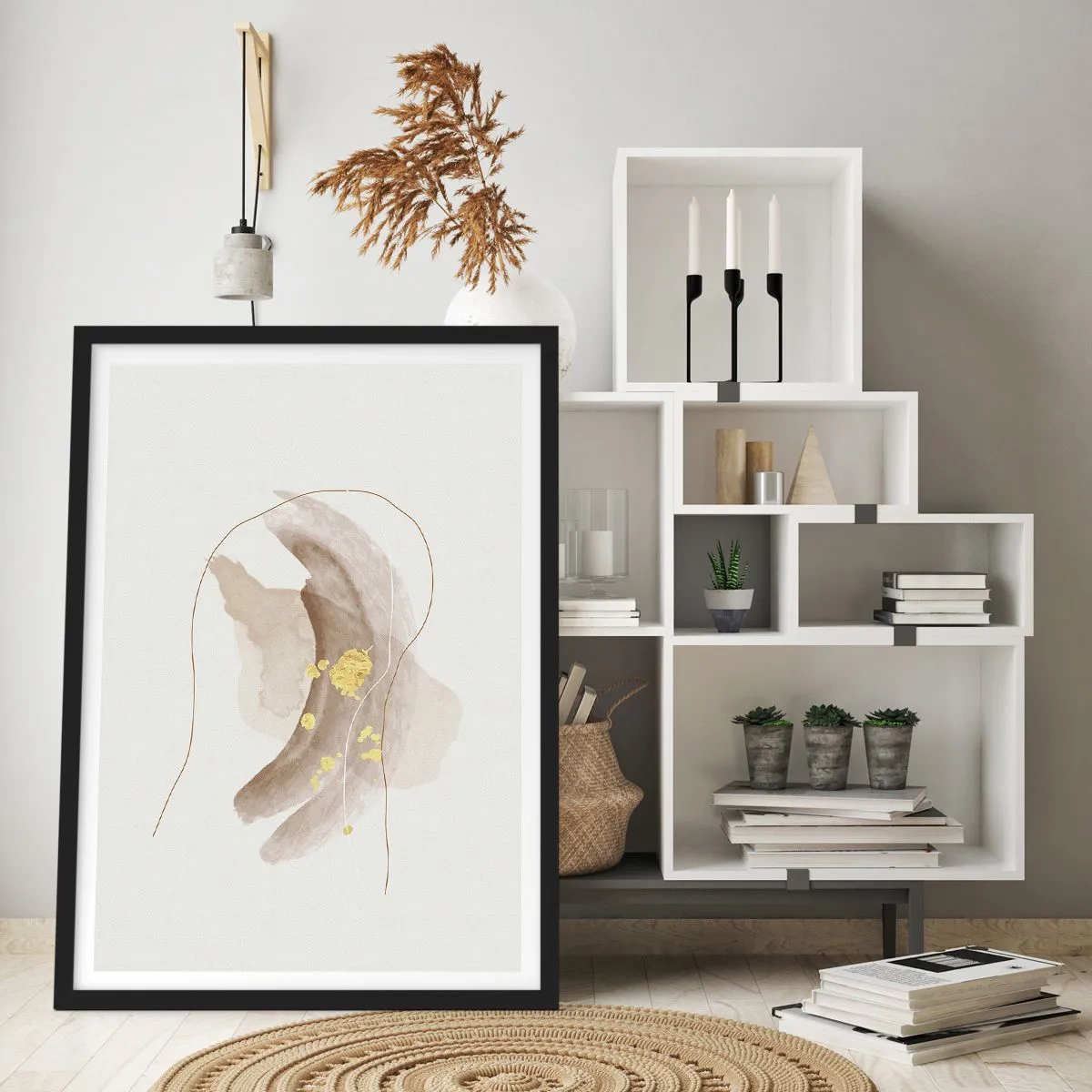 Poster in einem schwarzem Rahmen - Ein abstraktes Muster in Beige mit zarten Goldakzenten. - 50x70cm - Im Weltraum begegnet - Moderne Wanddekoration für Wohnzimmer und Schlafzimmer ARTTOR