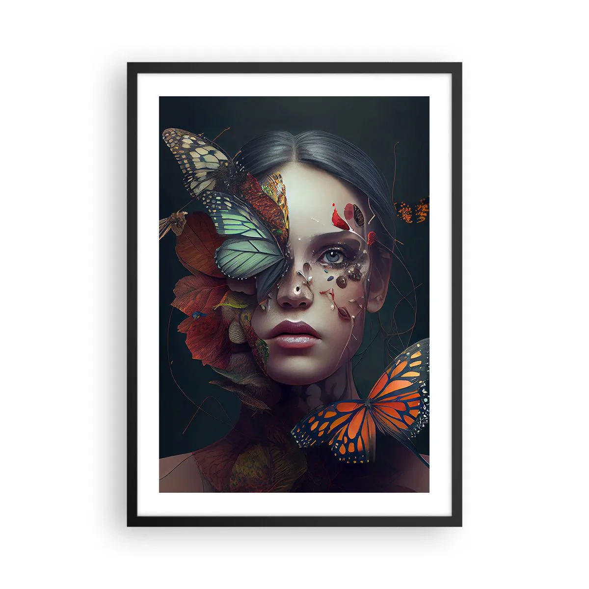 Poster in einem schwarzem Rahmen - Porträt einer Frau mit Schmetterlingen und Blättern - 50x70cm - Wunderbare Metamorphose - Moderne Wanddekoration für Wohnzimmer und Schlafzimmer ARTTOR