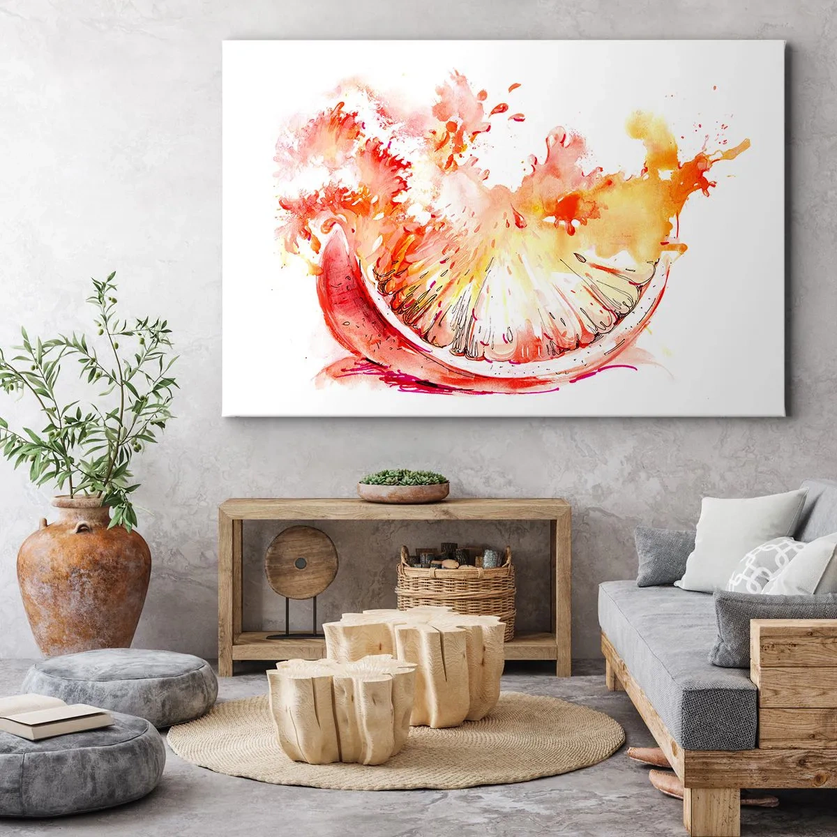 Bild auf Leinwand - Leinwandbild - Eine Aquarellscheibe Grapefruit in leuchtenden Farben - 120x80cm - Saftige Erfrischung - Moderne Wanddekoration für Wohnzimmer und Schlafzimmer ARTTOR