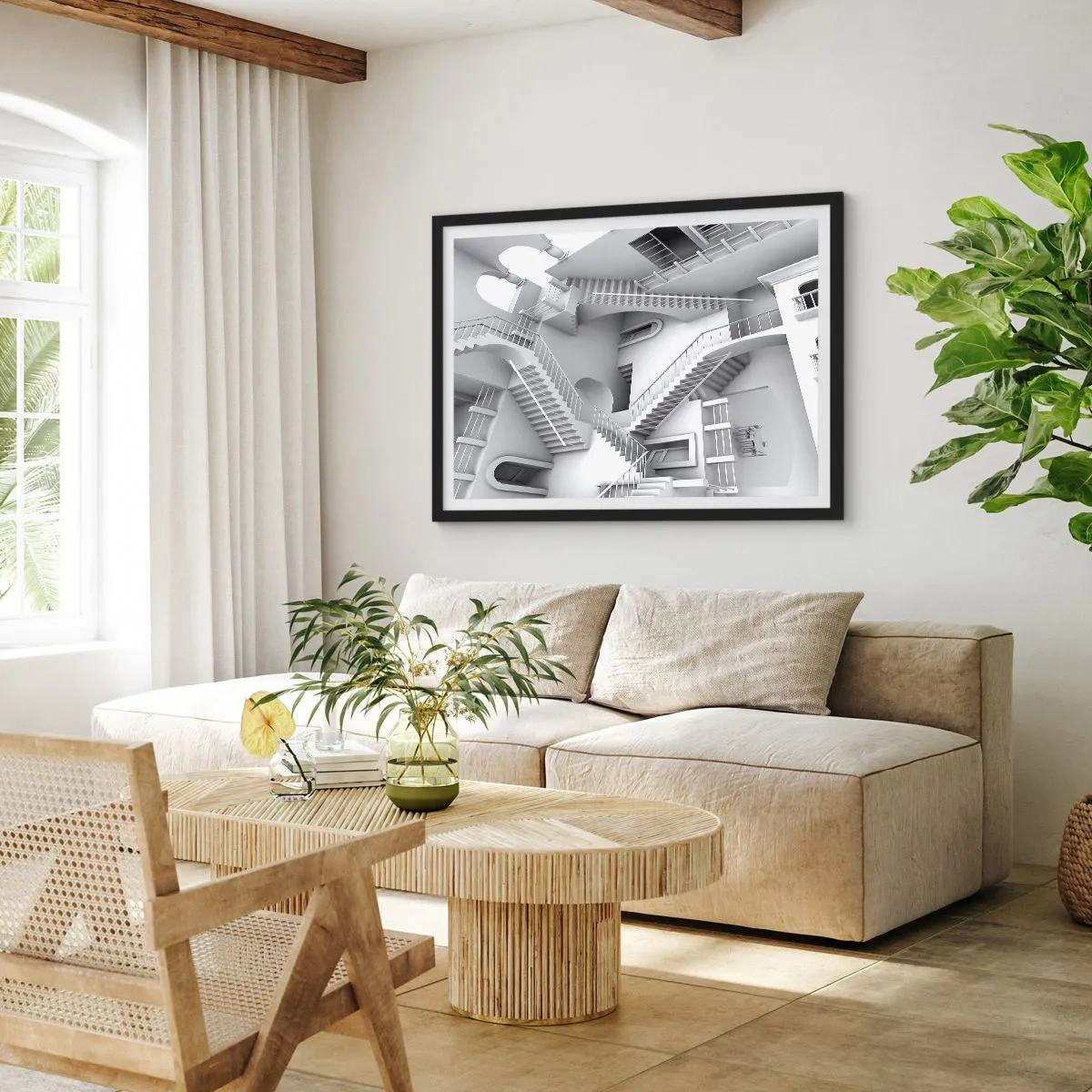 Poster in einem schwarzem Rahmen - Eine abstrakte Komposition aus Treppen in einer surrealistischen Raumanordnung - 100x70cm - Die Paradoxien des Weltraums - Moderne Wanddekoration für Wohnzimmer und Schlafzimmer ARTTOR