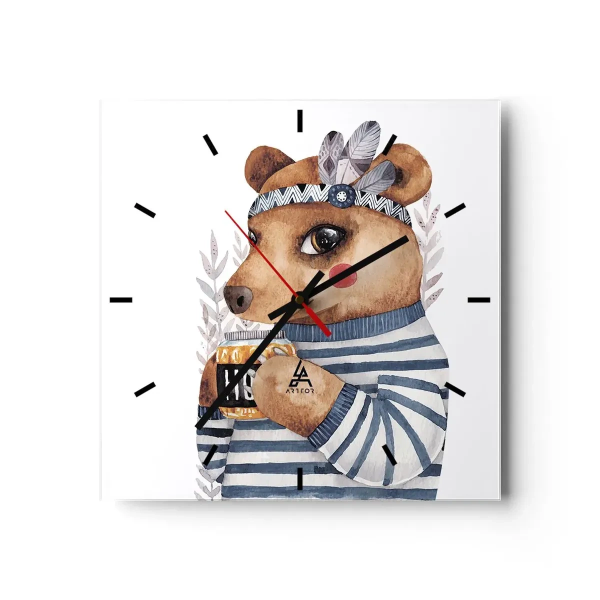 Wanduhr - Glasuhr - Ein Teddybär im gestreiften Pullover mit einer Tasse Honig - 30x30cm - Süße Bärin - Moderne Wanddekoration für Wohnzimmer und Schlafzimmer ARTTOR