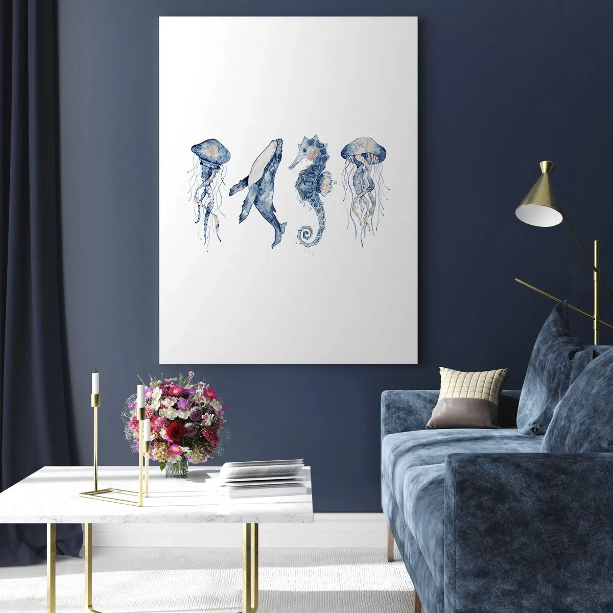 Glasbild - Bild auf glas - Quallen, Wale und Seepferdchen im Aquarellstil - 80x120cm - Meereswunder - Moderne Wanddekoration für Wohnzimmer und Schlafzimmer ARTTOR