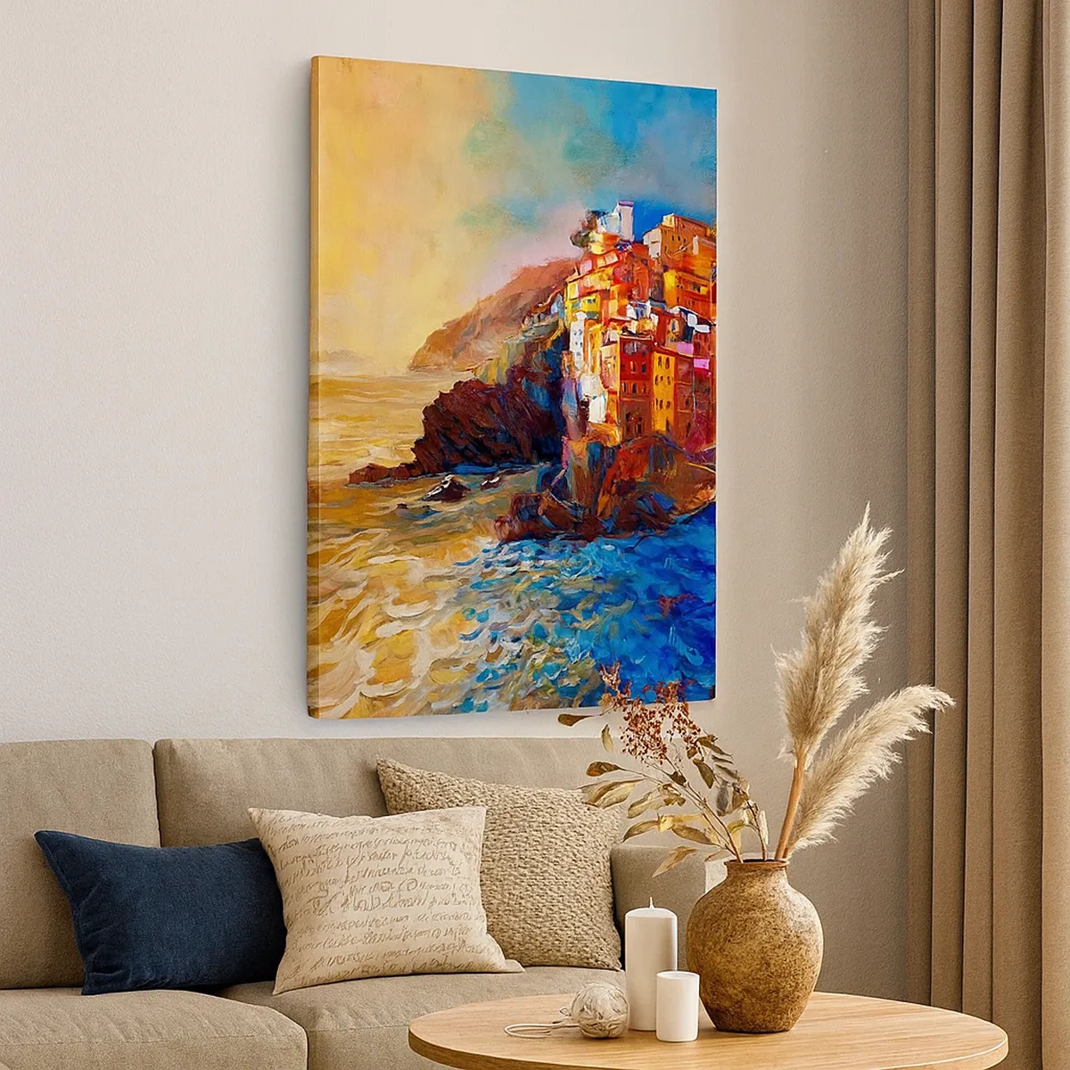 Bild auf Leinwand - Leinwandbild - Bunte Häuser auf einer Klippe über dem Meer - 50x70cm - Italienische Atmosphäre - Moderne Wanddekoration für Wohnzimmer und Schlafzimmer ARTTOR
