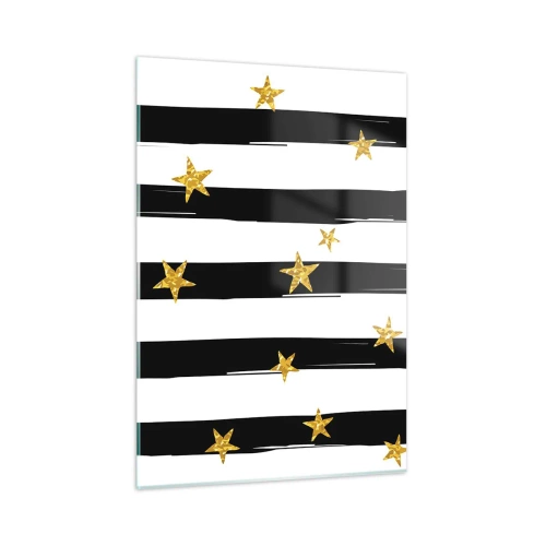 Glasbild - Bild auf glas - Schwarz-weiße Streifen mit goldenen Sternen - 50x70cm - Wir wurden alle unter einem glücklichen Stern geboren - Moderne Wanddekoration für Wohnzimmer und Schlafzimmer ARTTOR