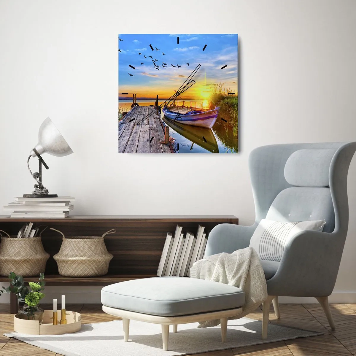 Wanduhr - Glasuhr - Ein Boot an einem Holzsteg bei Sonnenuntergang - 30x30cm - Bis morgen - Moderne Wanddekoration für Wohnzimmer und Schlafzimmer ARTTOR
