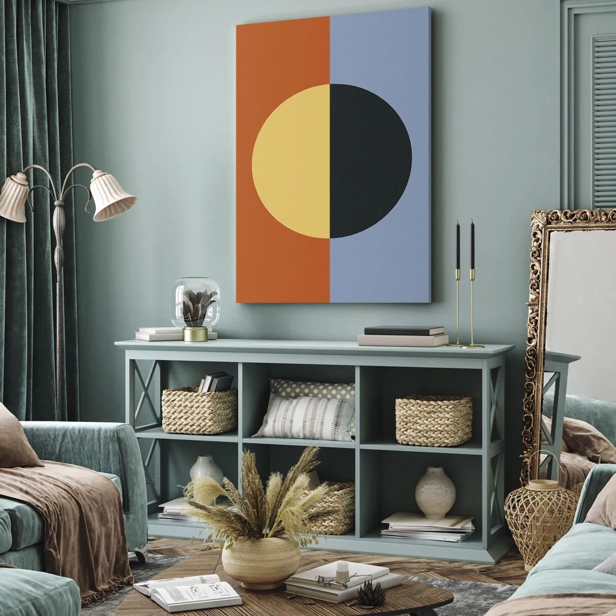 Bild auf Leinwand - Leinwandbild - Geometrische Abstraktion mit kontrastierenden Farben - 70x100cm - Eine Komposition aus Wärme und Kühle - Moderne Wanddekoration für Wohnzimmer und Schlafzimmer ARTTOR