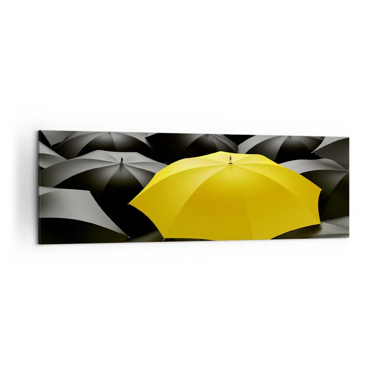 Bild auf Leinwand - Leinwandbild - Ein gelber Regenschirm zwischen schwarzen Regenschirmen - 160x50cm - Auf Wiedersehen Trauer - Moderne Wanddekoration für Wohnzimmer und Schlafzimmer ARTTOR