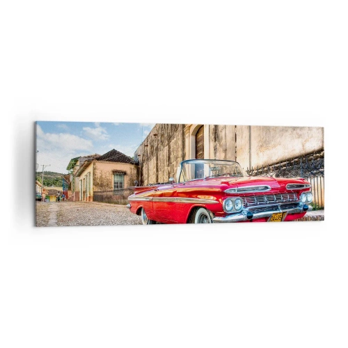 Bild auf Leinwand - Leinwandbild - Roter Oldtimer auf einer Kopfsteinpflasterstraße - 160x50cm - Kubanische Emotionen - Moderne Wanddekoration für Wohnzimmer und Schlafzimmer ARTTOR