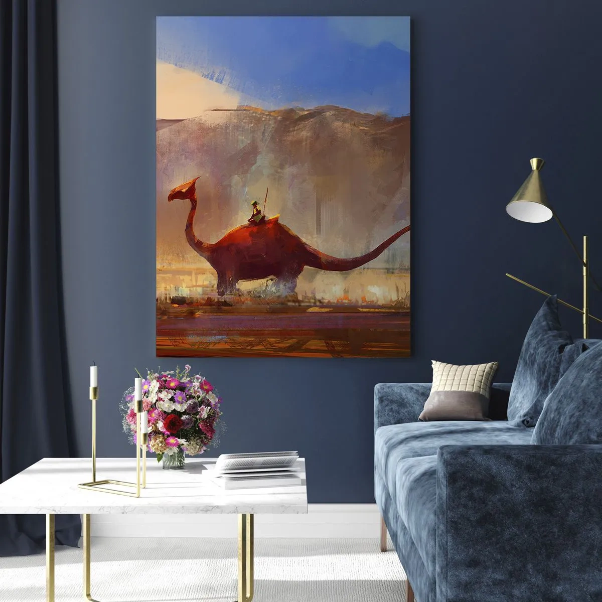 Glasbild - Bild auf glas - Eine Fantasielandschaft mit einem Reiter auf einem prähistorischen Wesen - 50x70cm - Wenn sie nicht ausgestorben wären - Moderne Wanddekoration für Wohnzimmer und Schlafzimmer ARTTOR