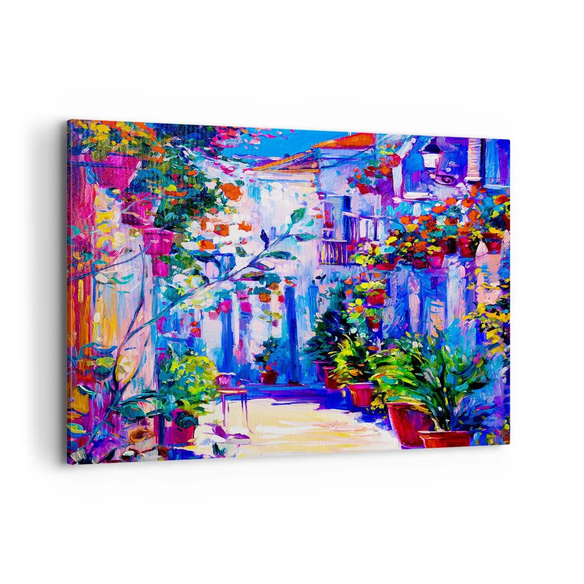 Bild auf Leinwand - Leinwandbild - Eine bunte Straße voller Blumen - 100x70cm - Impresja - eine italienische Straße - Moderne Wanddekoration für Wohnzimmer und Schlafzimmer ARTTOR