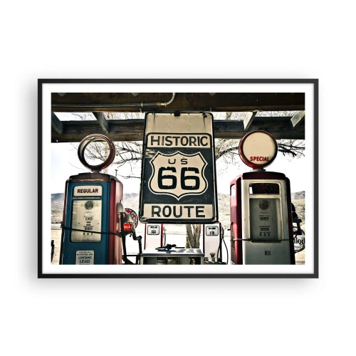 Poster in einem schwarzem Rahmen - Historische Tankstelle an der Route 66 - 100x70cm - Amerikanische Retro-Reise - Moderne Wanddekoration für Wohnzimmer und Schlafzimmer ARTTOR