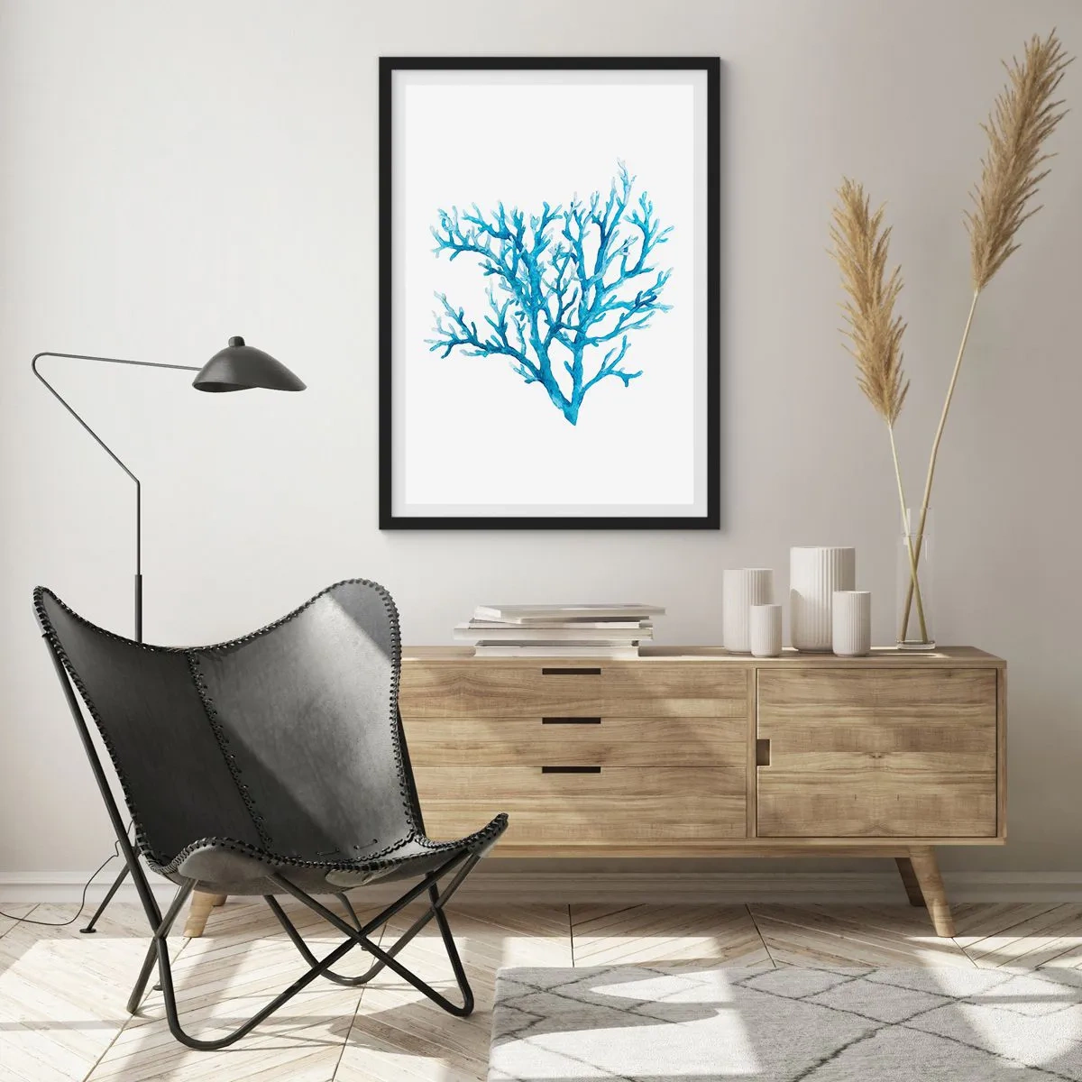 Poster in einem schwarzem Rahmen - Blaue Koralle im Aquarellstil auf weißem Hintergrund - 50x70cm - Nautisches Filigran - Moderne Wanddekoration für Wohnzimmer und Schlafzimmer ARTTOR