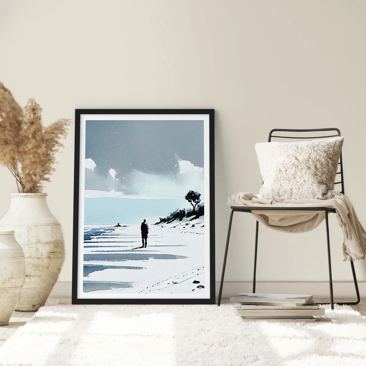 Poster in einem schwarzem Rahmen - Eine einsame Gestalt am Strand in Aquarelltönen - 50x70cm - Allein sein - Moderne Wanddekoration für Wohnzimmer und Schlafzimmer ARTTOR