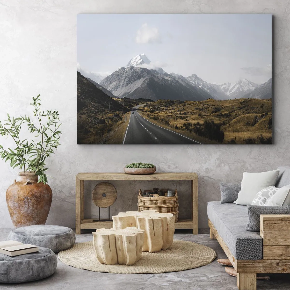 Bild auf Leinwand - Leinwandbild - Eine Straße in den Bergen, umgeben von einer malerischen Landschaft - 100x70cm - Der Weg ins Herz der Berge - Moderne Wanddekoration für Wohnzimmer und Schlafzimmer ARTTOR