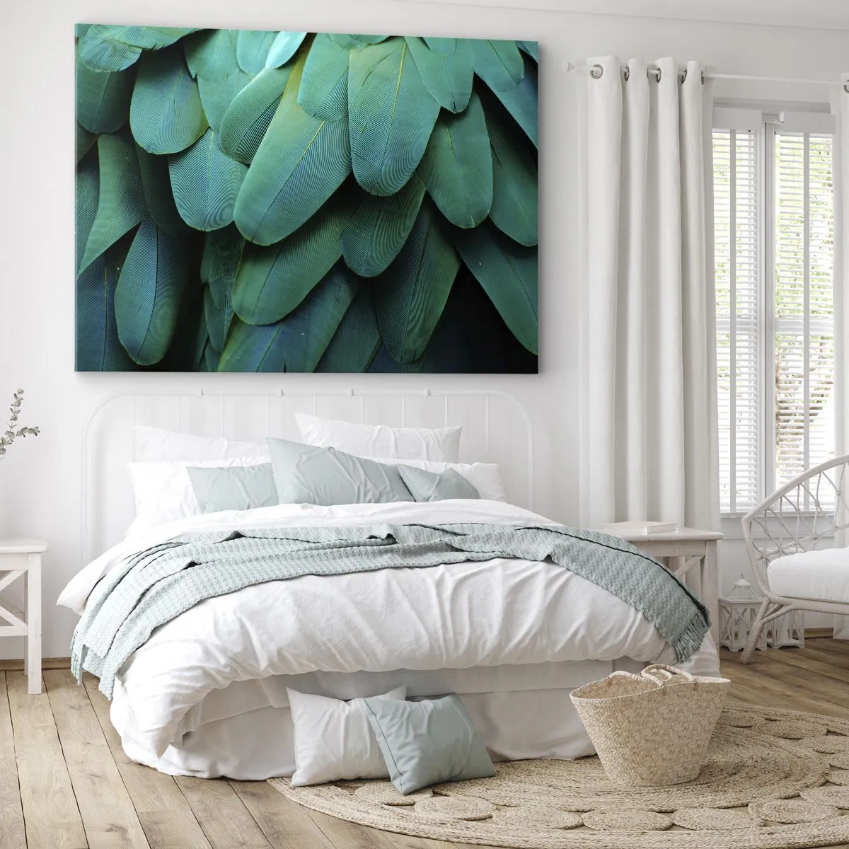 Bild auf Leinwand - Leinwandbild - Federdetails in Grüntönen - 100x70cm - Papageienartige Präzision - Moderne Wanddekoration für Wohnzimmer und Schlafzimmer ARTTOR