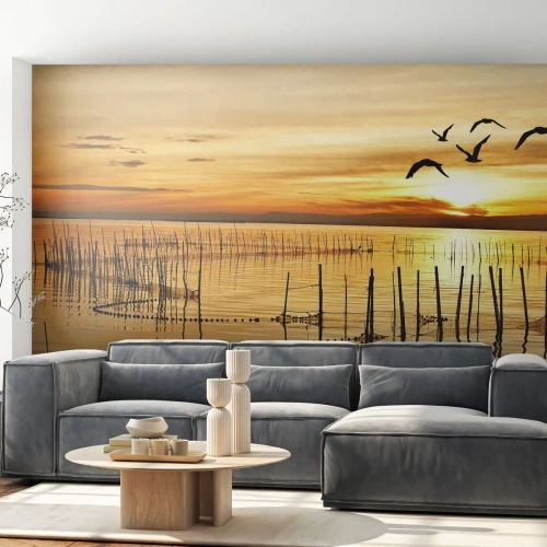 Fototapete Premium Canvas - In der Fischerei - Landschaft, See, Fischernetz - 400x280 cm