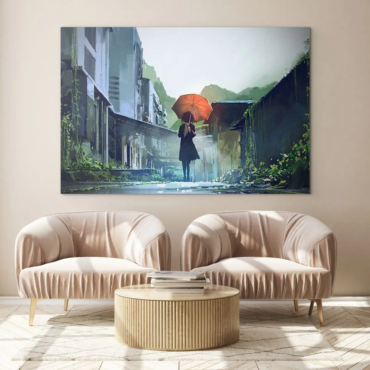 Glasbild - Bild auf glas - Eine Figur mit einem orangefarbenen Regenschirm auf einer verregneten Straße - 100x70cm - Belebender Regen - Moderne Wanddekoration für Wohnzimmer und Schlafzimmer ARTTOR