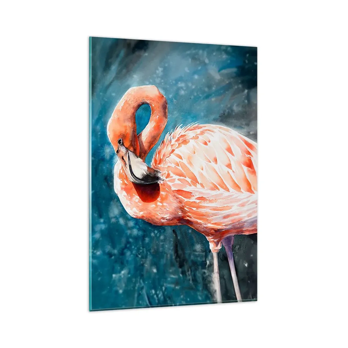 Glasbild - Bild auf glas - Ein rosa Flamingo auf einem aquarellblauen Hintergrund - 80x120cm - Von Natur aus dekorativ - Moderne Wanddekoration für Wohnzimmer und Schlafzimmer ARTTOR