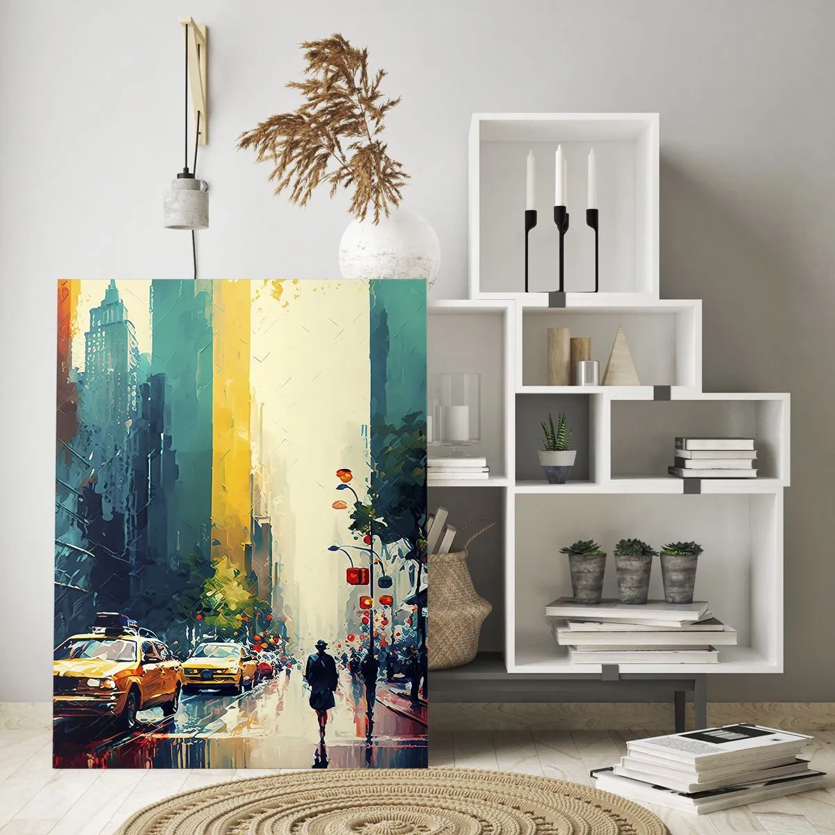 Glasbild - Bild auf glas - Bunte Taxis und Wolkenkratzer auf einer nassen Stadtstraße - 50x70cm - New York – selbst der Regen ist hier bunt - Moderne Wanddekoration für Wohnzimmer und Schlafzimmer ARTTOR