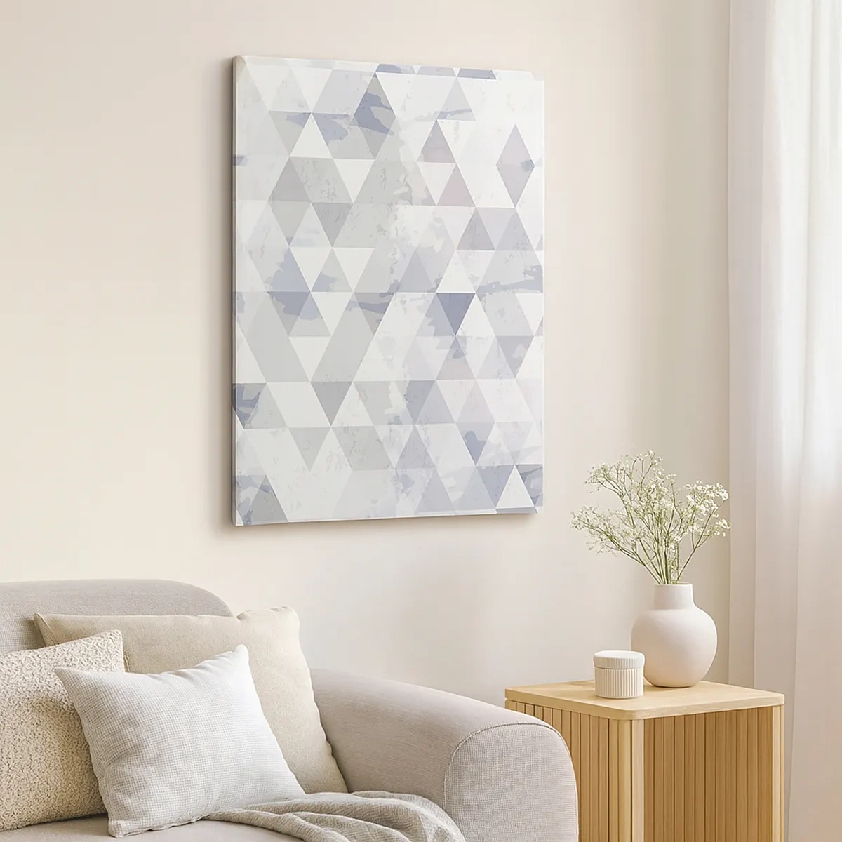 Bild auf Leinwand - Leinwandbild - Geometrisches Dreiecksmuster in Pastelltönen - 50x70cm - Im Rhythmus auf drei - Moderne Wanddekoration für Wohnzimmer und Schlafzimmer ARTTOR