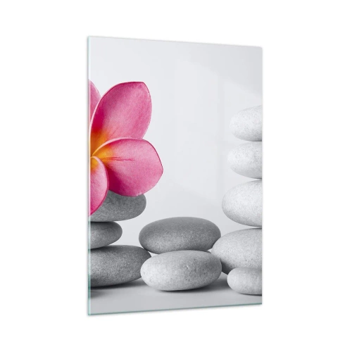 Glasbild - Bild auf glas - Eine rosa Blume vor einem Haufen weißer Steine - 50x70cm - Stein auf Stein und auf diesem Stein... - Moderne Wanddekoration für Wohnzimmer und Schlafzimmer ARTTOR