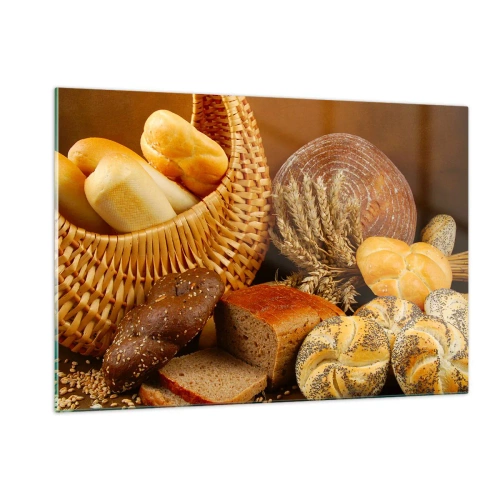 Glasbild - Bild auf glas - Ein Korb mit Brot und Laiben vor dem Hintergrund von Ähren - 120x80cm - Wir sind wieder davongekommen - Moderne Wanddekoration für Wohnzimmer und Schlafzimmer ARTTOR