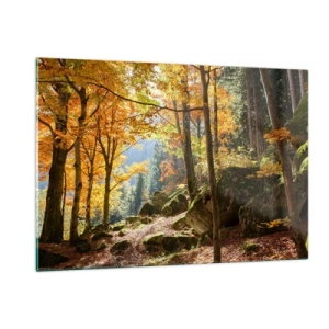 Glasbild - Bild auf glas - Herbstwald mit Sonnenstrahlen und Steinen - 120x80cm - Zeit zum Entspannen - Moderne Wanddekoration für Wohnzimmer und Schlafzimmer ARTTOR