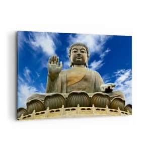 Bild auf Leinwand - Leinwandbild - Eine monumentale Buddha-Statue vor einem blauen Himmel mit Wolken - 100x70cm - Leben ohne Angst - Moderne Wanddekoration für Wohnzimmer und Schlafzimmer ARTTOR