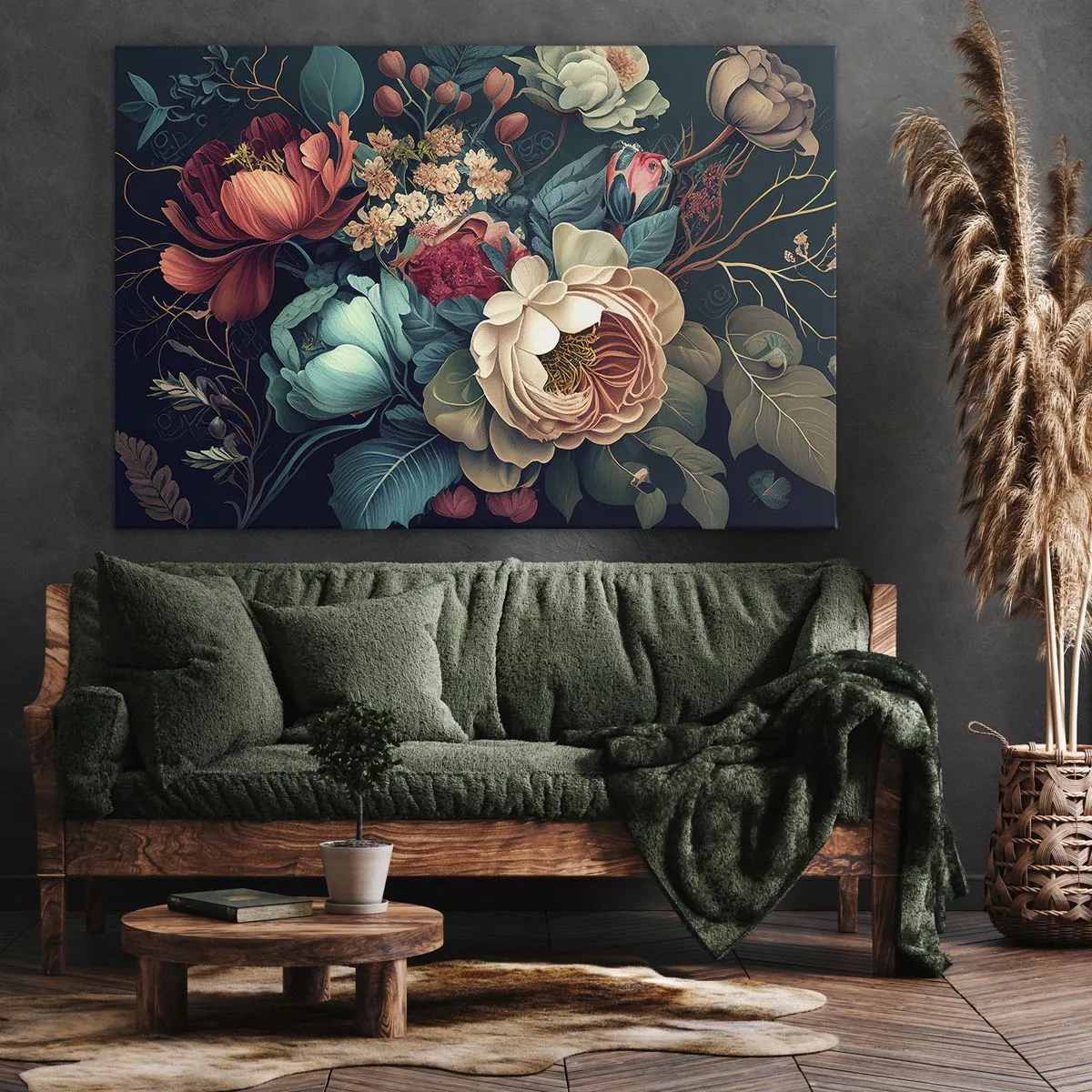 Bild auf Leinwand - Leinwandbild - Eine farbenfrohe Blumenkomposition auf dunklem Hintergrund - 120x80cm - Charme des 19. Jahrhunderts - Moderne Wanddekoration für Wohnzimmer und Schlafzimmer ARTTOR