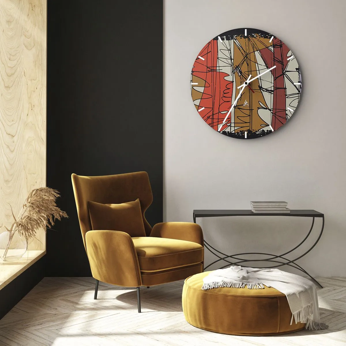 Wanduhr - Glasuhr - Abstrakte Linien und Punkte in einer warmen Farbpalette - 30x30cm - Spontane Komposition - Moderne Wanddekoration für Wohnzimmer, Küche und Schlafzimmer ARTTOR