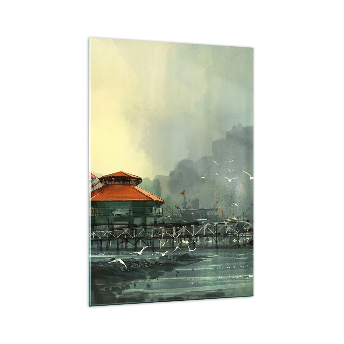 Glasbild - Bild auf glas - Hafengebäude in einer regnerischen Landschaft mit Möwen - 70x100cm - Ein sonniger Tag im Hafen - Moderne Wanddekoration für Wohnzimmer und Schlafzimmer ARTTOR